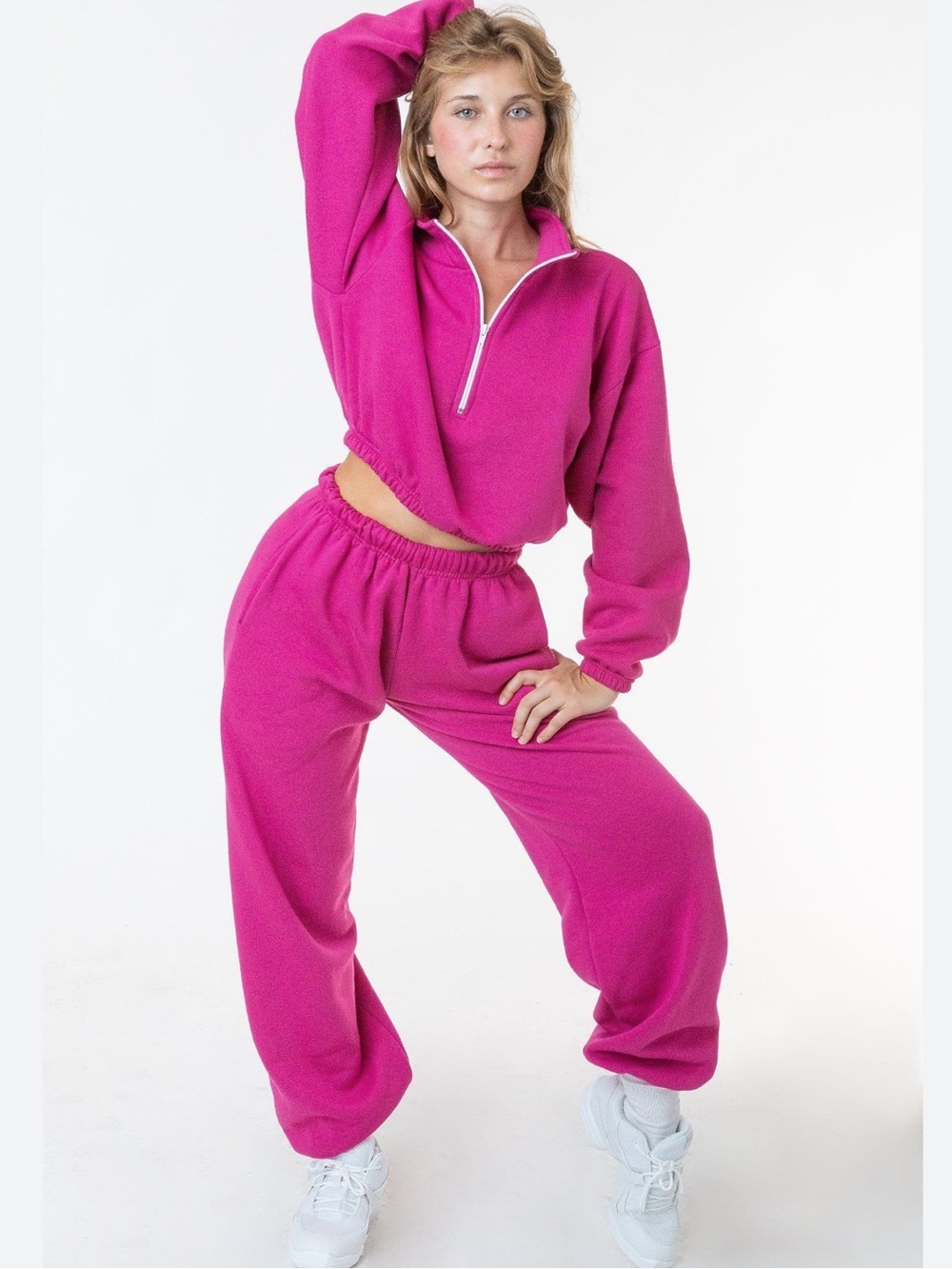 Los Angeles Apparel High-Waist Joggers and Cropped Half Zip Set in Fuchsia Pink
